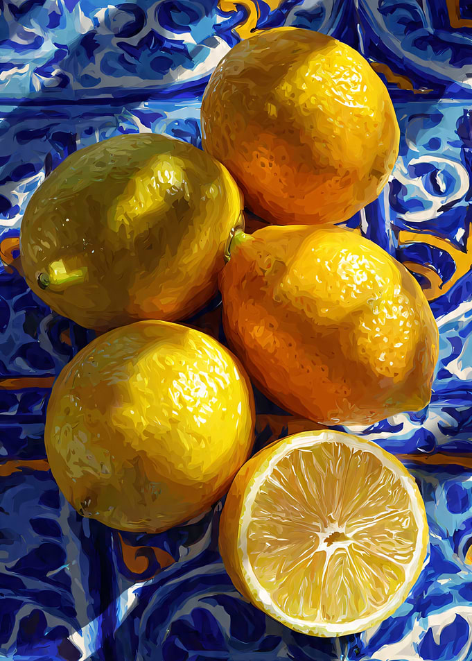 Still Life of Lemons on Blue Pattern