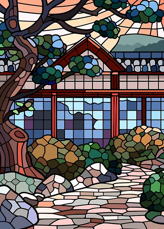 Stained Glass Japanese Garden Scene