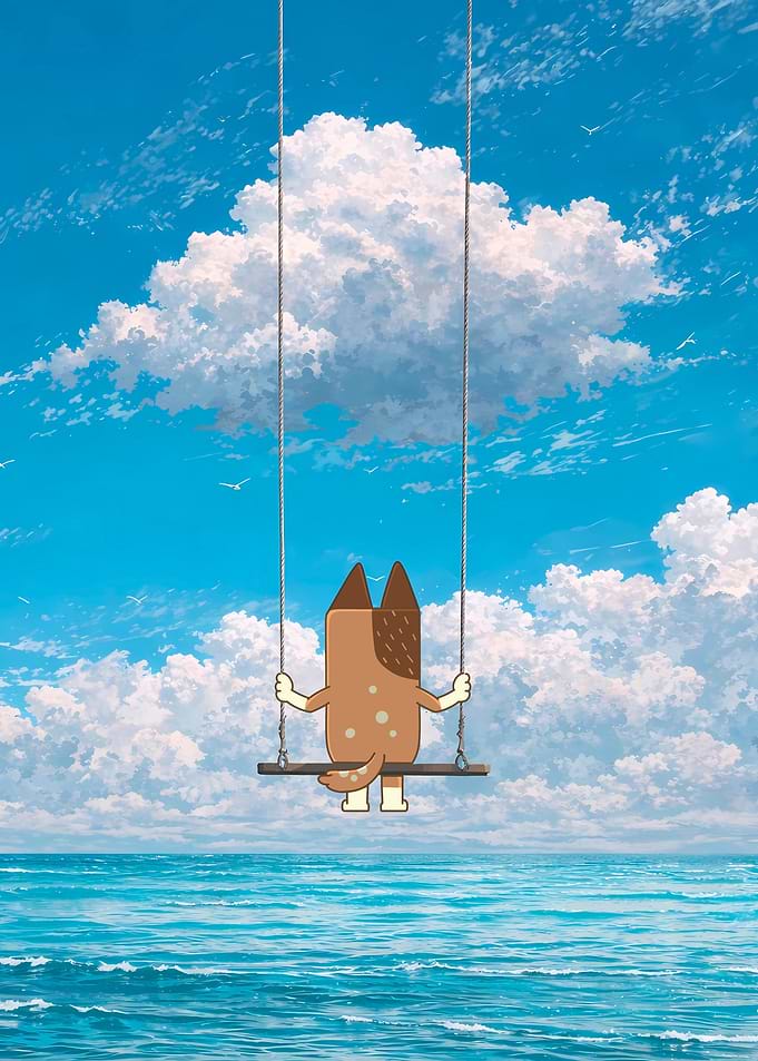Bluey on a swing over the ocean