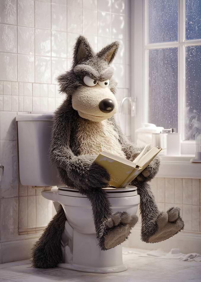 Wolf reading on a toilet