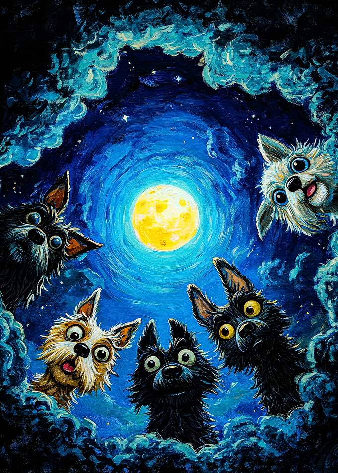 Five Dogs Looking at the Moon