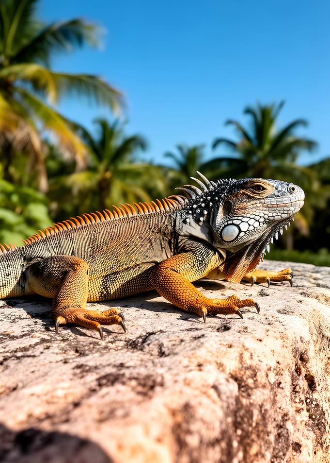 Iguana on a rock with palm trees