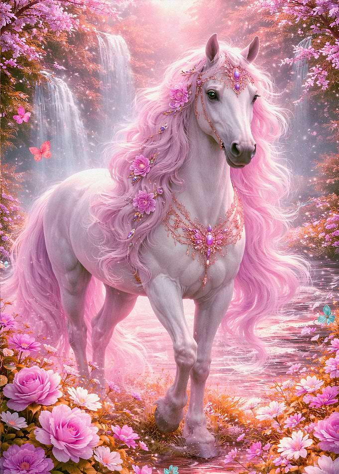 Enchanted Pink Unicorn in Floral Waterfall