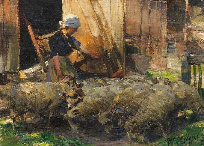 Woman Milking Sheep in a Barn