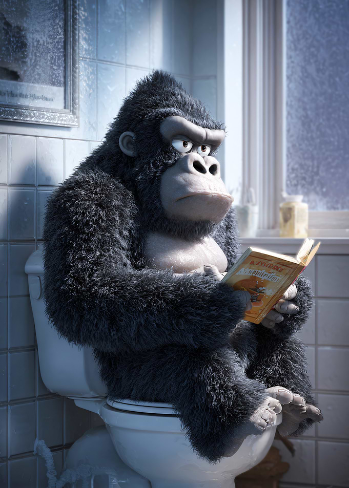 Gorilla Reading a Book on Toilet