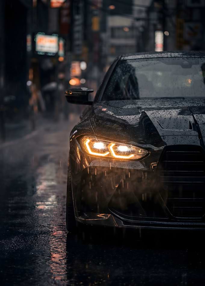 Car Bmw Black in Rainy City