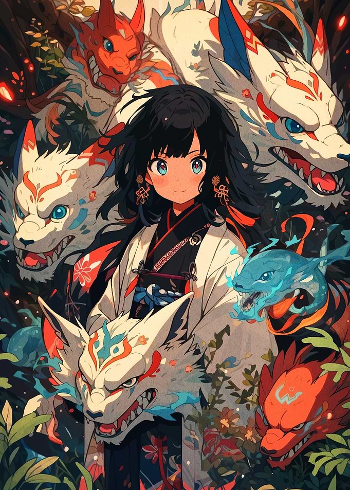 Anime Girl with Mythical Creatures