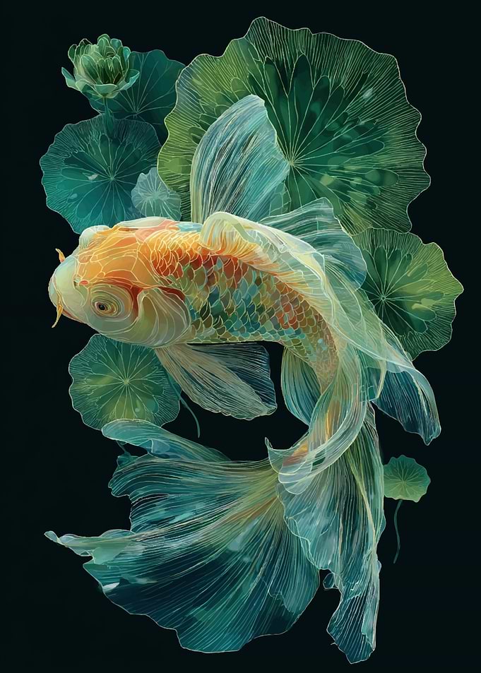 Koi Fish and Lotus Flowers