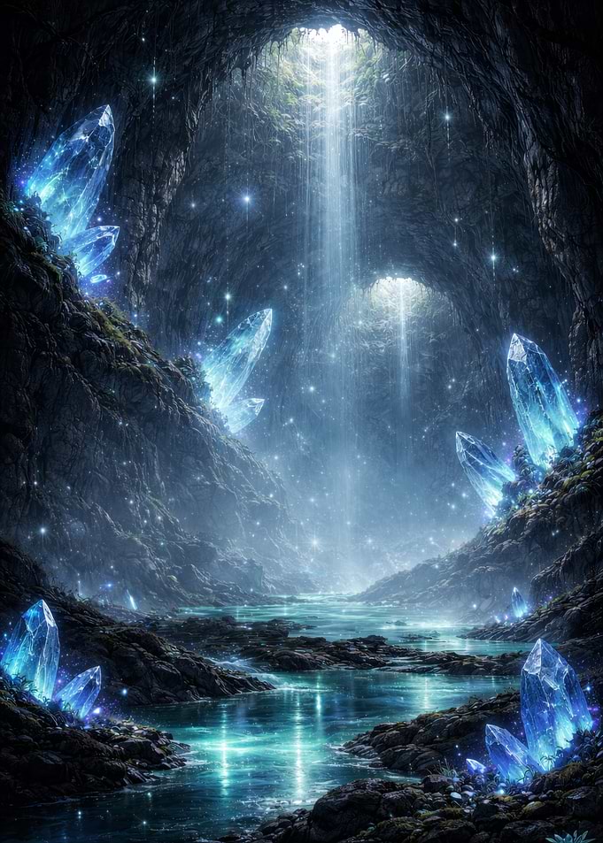 Enchanted Crystal Cave with Waterfall