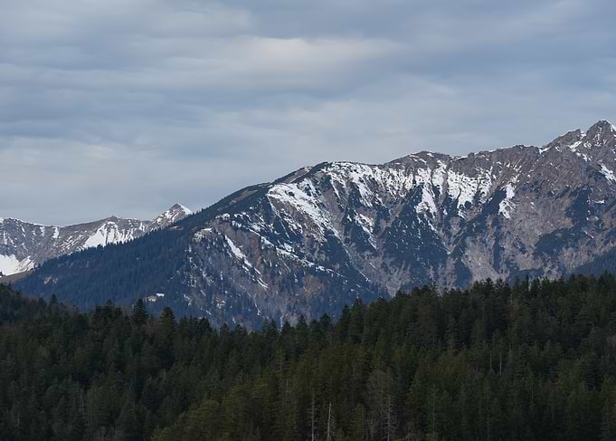 Snow-capped mountains behind a forest at Zugspitze/Eibsee