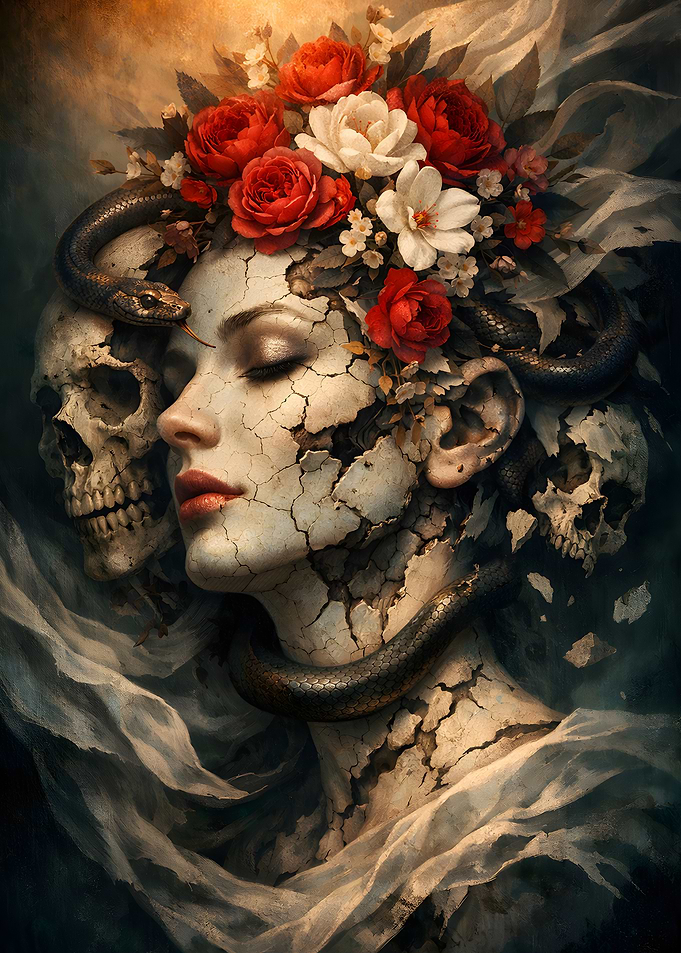 Cracked Woman with Snakes and Skulls
