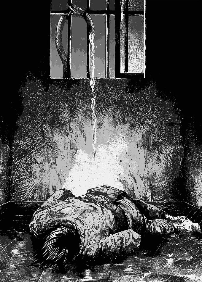 Man lying on floor under dripping water