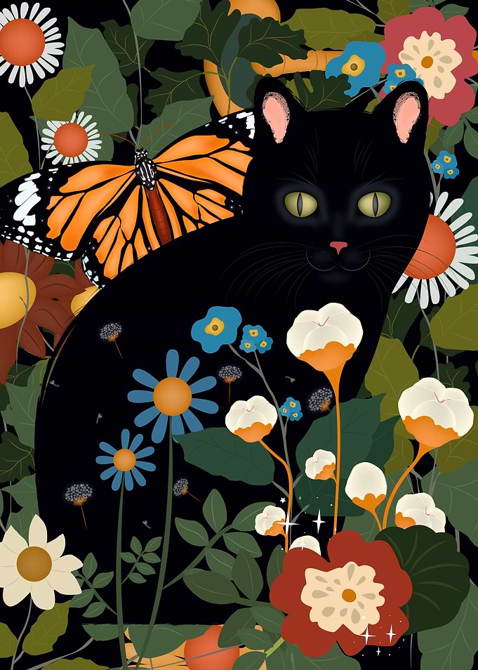 Black Cat with Monarch Butterfly and Flowers
