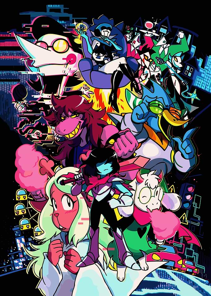 Deltarune Characters in a Vibrant Cityscape