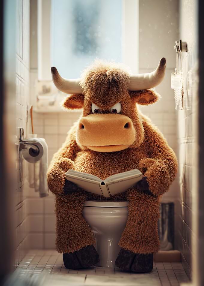 Furry Bull Reading on Toilet