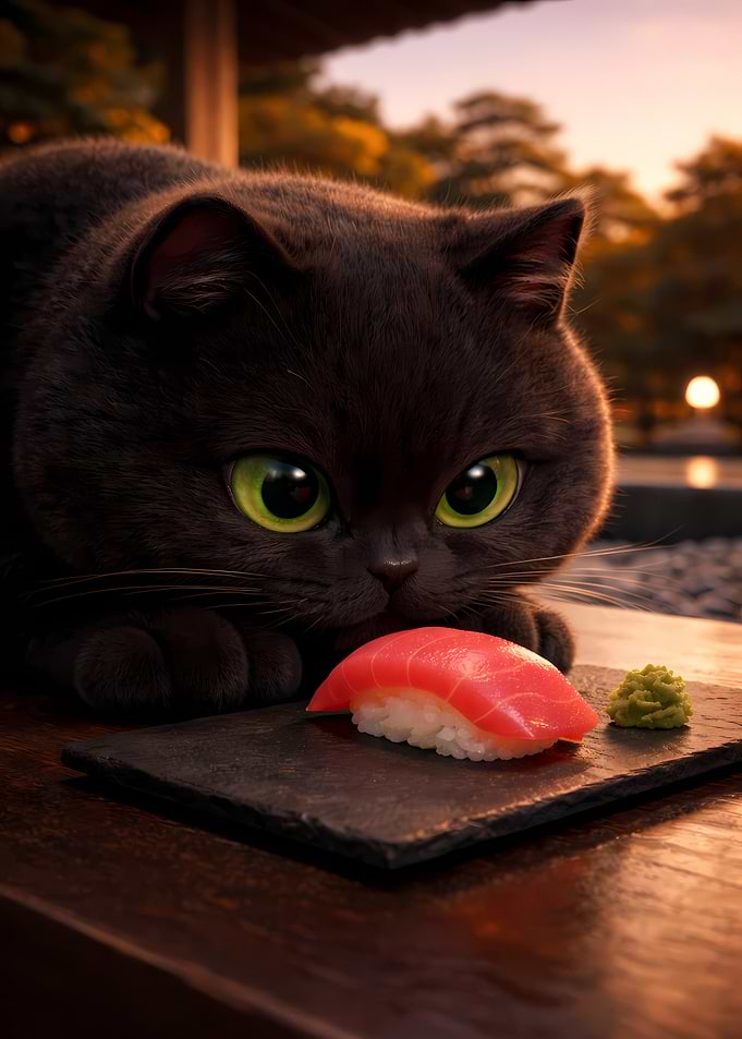 Cute Black Cat Sniffing Sushi on Luxury Japanese Terrace 3D