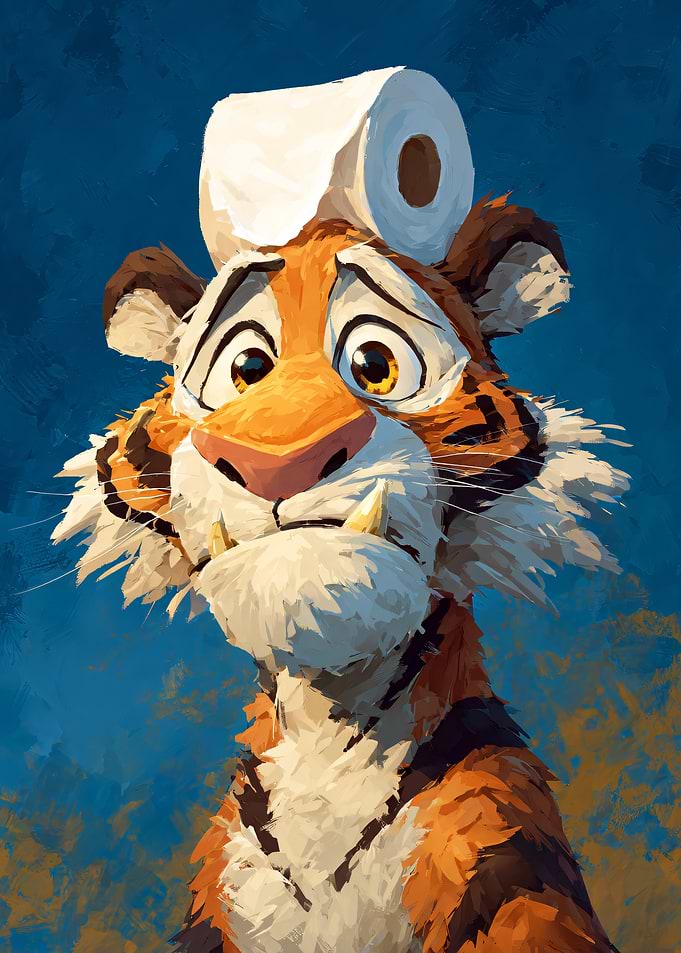 Tiger with Toilet Paper on Head