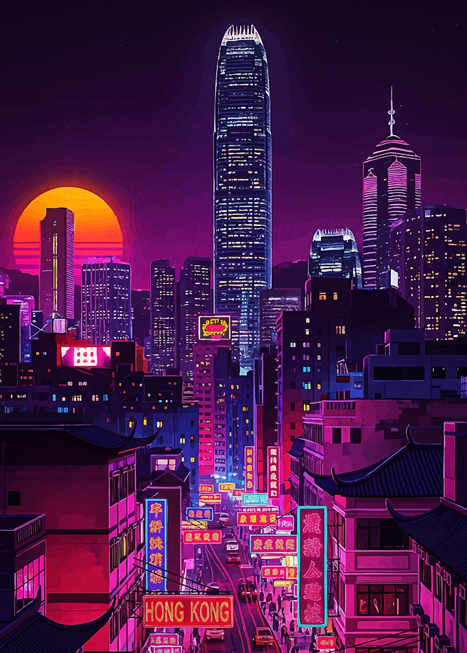 Retro Hong Kong Cityscape at Sunset