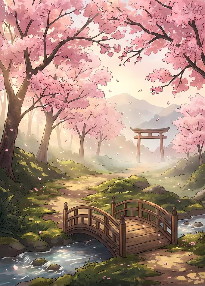 Cherry Blossom Bridge and Torii Gate