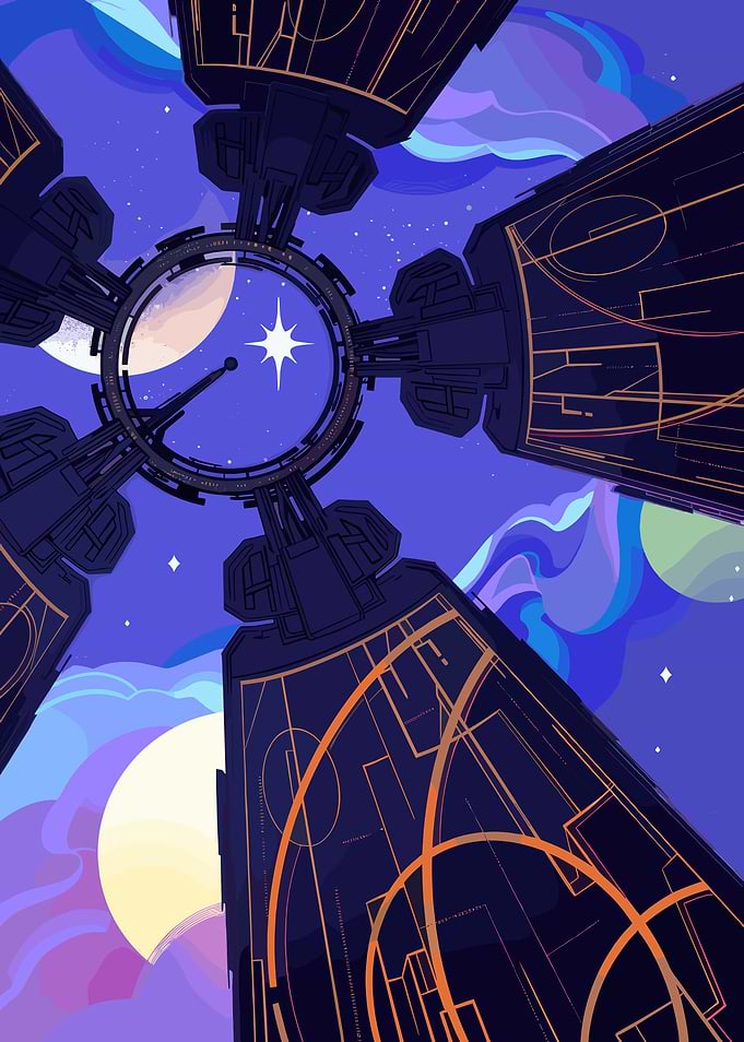 Sci-fi space station in colorful effect shiny nebula