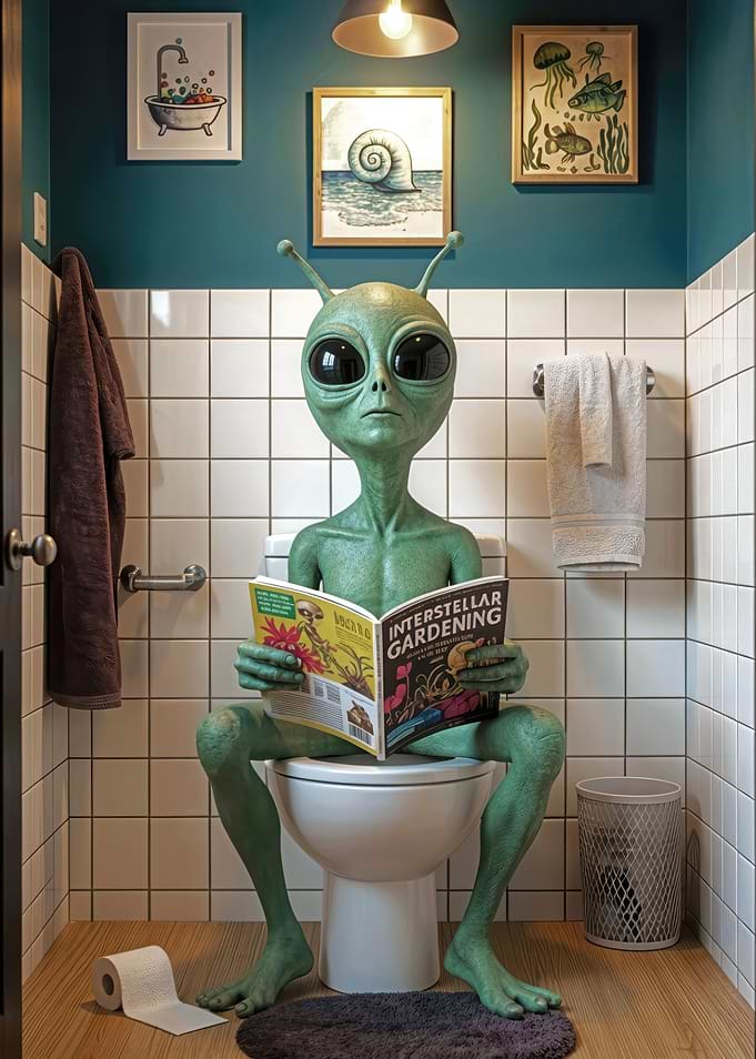 Alien reading on the toilet