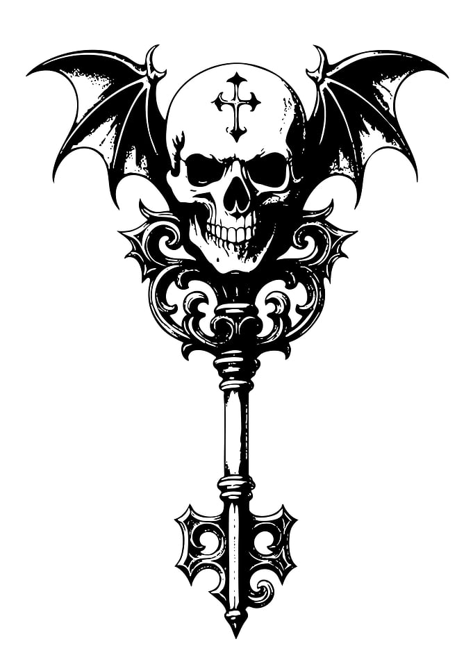 Gothic Skull Key with Bat Wings