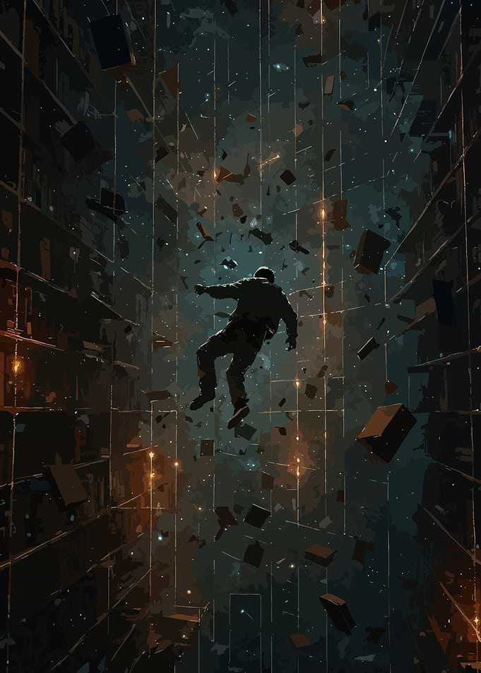 Man falling in a surreal library
