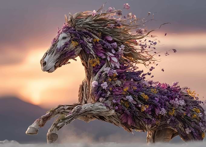 Floral Horse Sculpture at Sunset