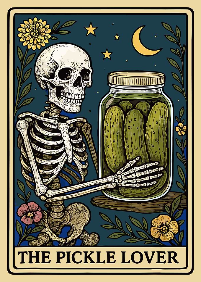 The Pickle Lover Poster, Skeleton Pickle Art Print, Whimsical Gothic Wall Decor