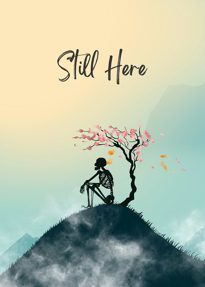 Skeleton Sitting Under Cherry Blossom Tree