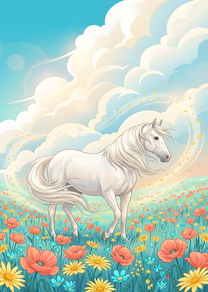 White Horse in a Flower Field