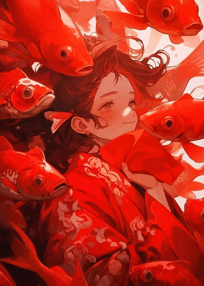 Girl Surrounded by Red Koi Fish