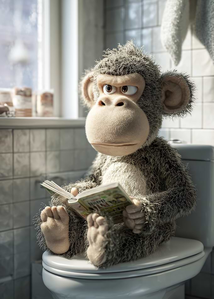 Monkey reading a book on a toilet