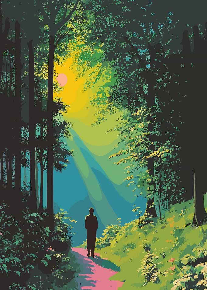 Person walking on forest path at sunset