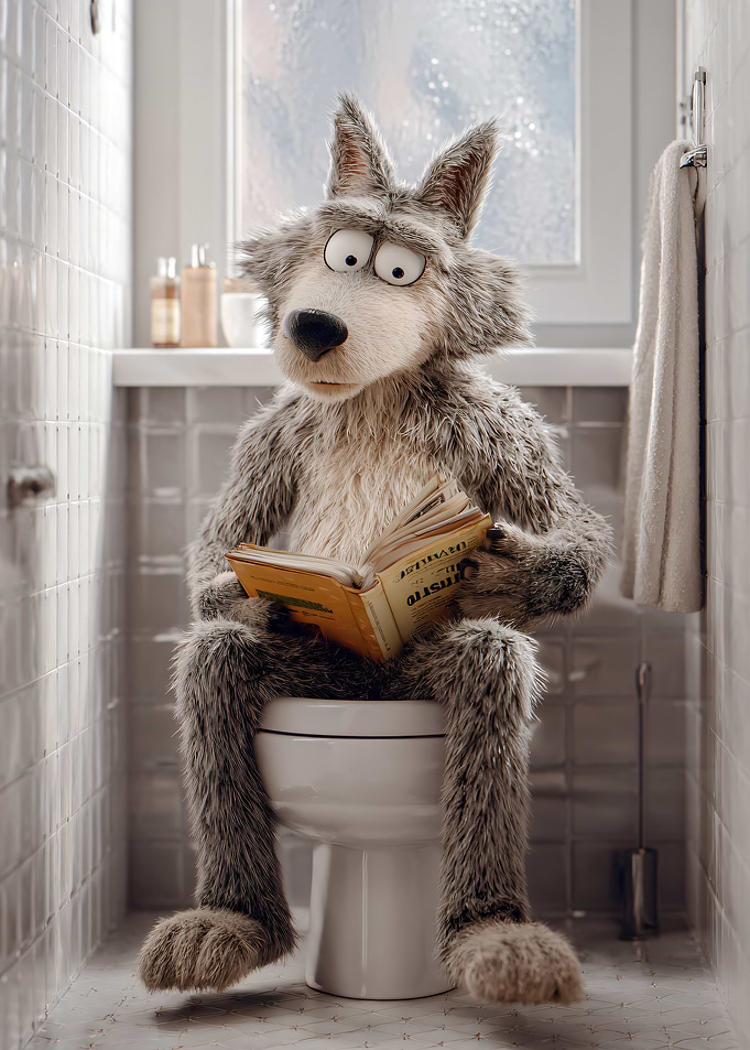 Wolf reading a book on a toilet