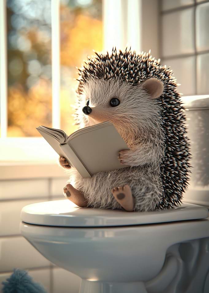 Hedgehog Reading a Book on Toilet