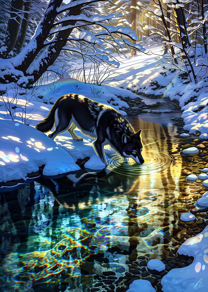 Wolf drinking from a snowy stream
