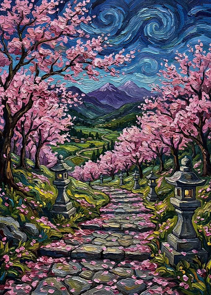 Japanese Cherry Blossom Landscape Painting