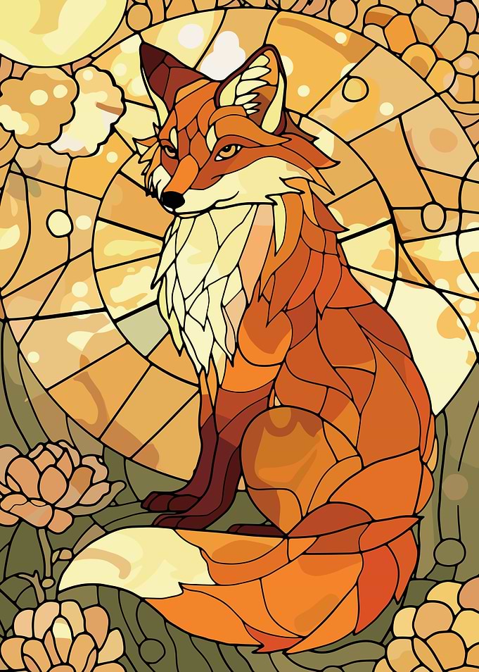 Stained Glass Fox with Floral Background
