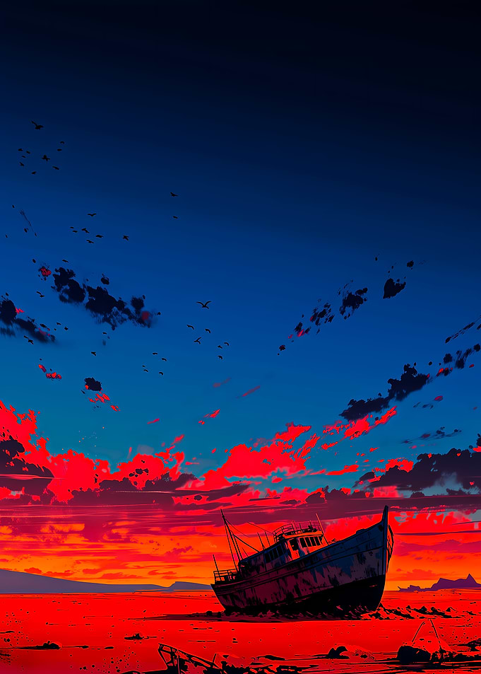 Wrecked Ship at Sunset
