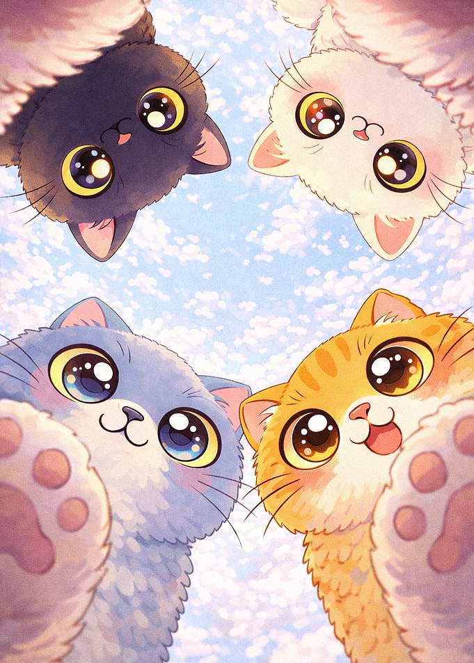 Four Cute Kittens Looking Down