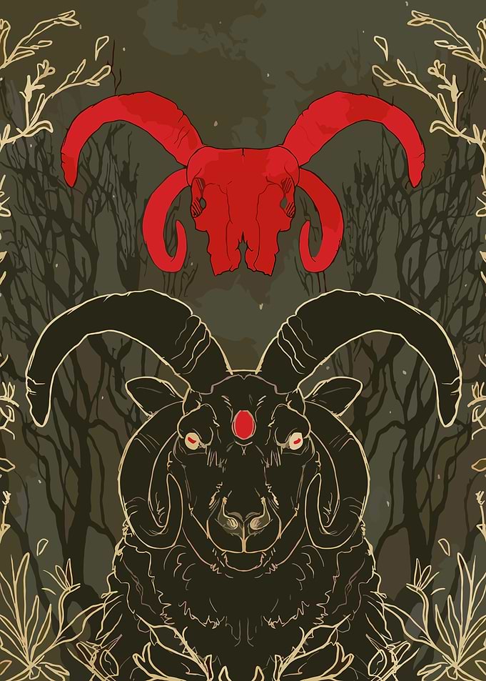 Goat Skull and Ram in Forest