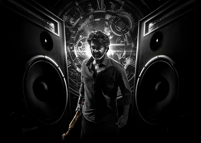 Man with Speakers and Clockwork Background