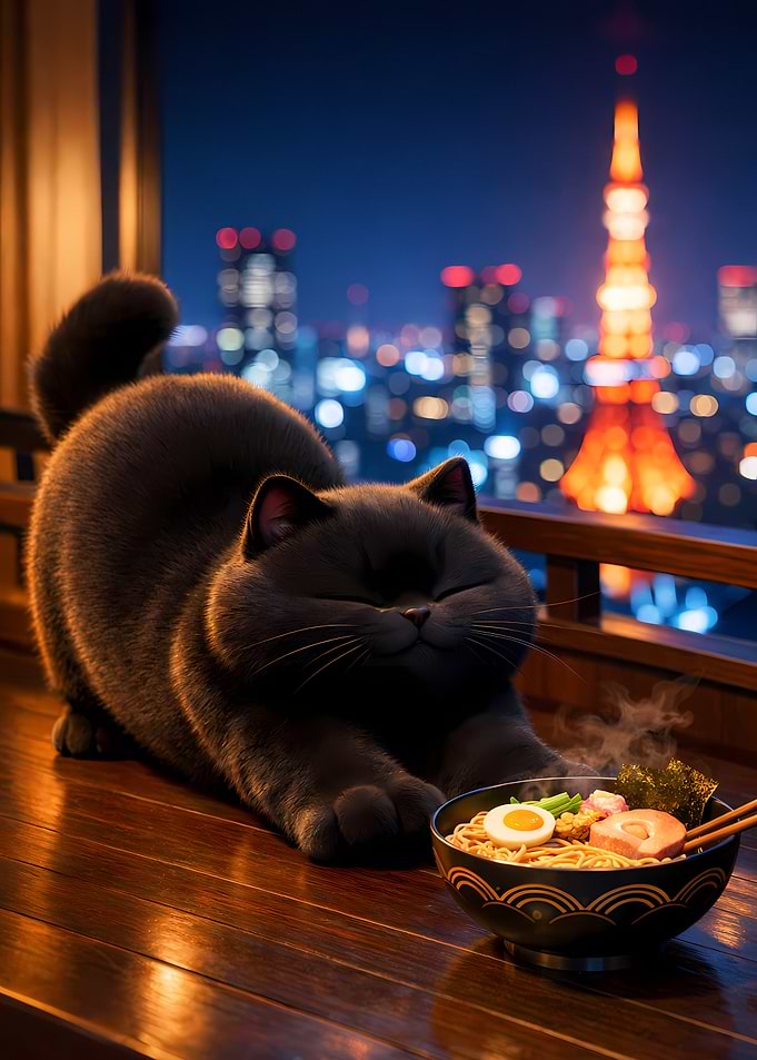 Chubby Black Cat Stretching with Ramen -Tokyo Skyline 3D