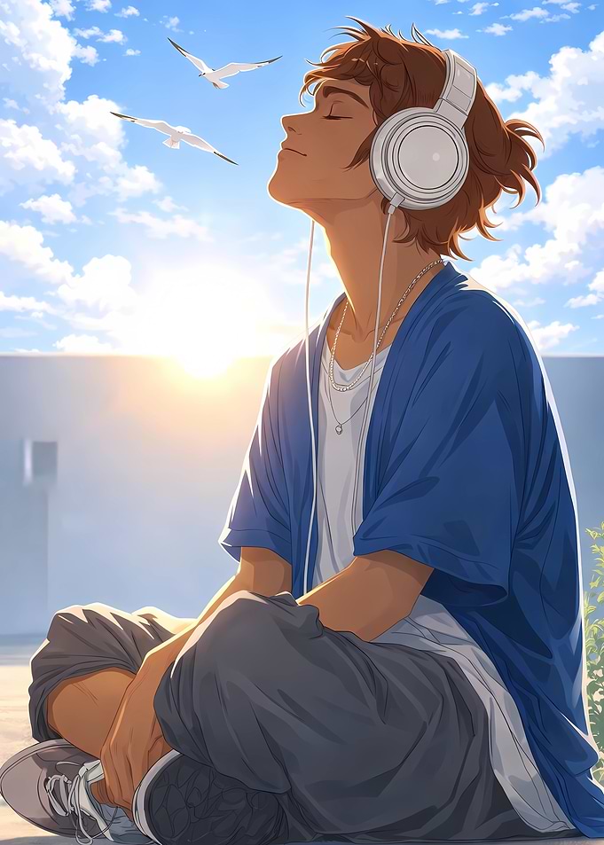Young man listening to music outdoors