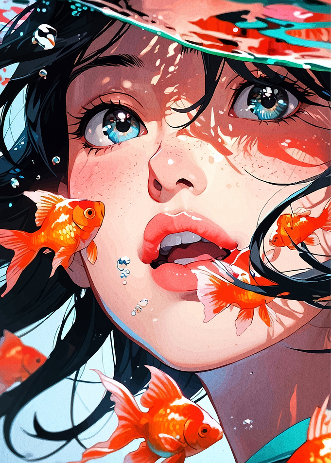 Girl with Goldfish Underwater