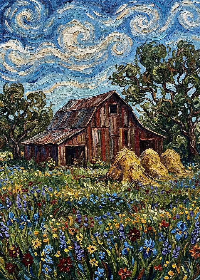 Impressionistic Barn in a Wildflower Field