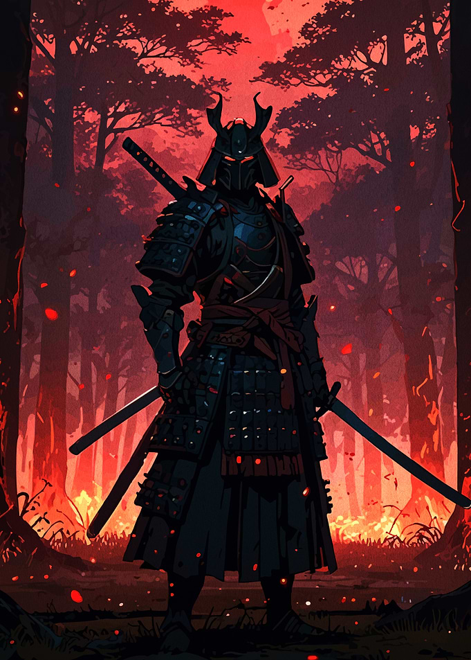 Samurai Warrior in Fiery Forest