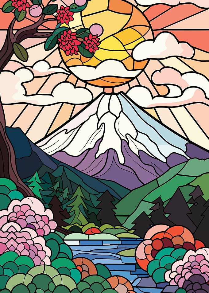 Stained Glass Mountain Landscape
