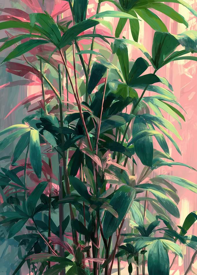 Lush Green and Pink Palm Fronds